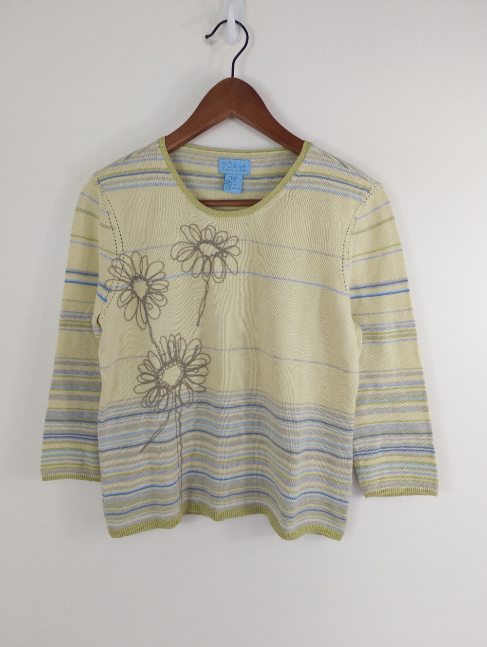 SO blue Sigrid Olsen Vintage Y2K Pastel Stripe Floral Knit Cotton Sweater PM